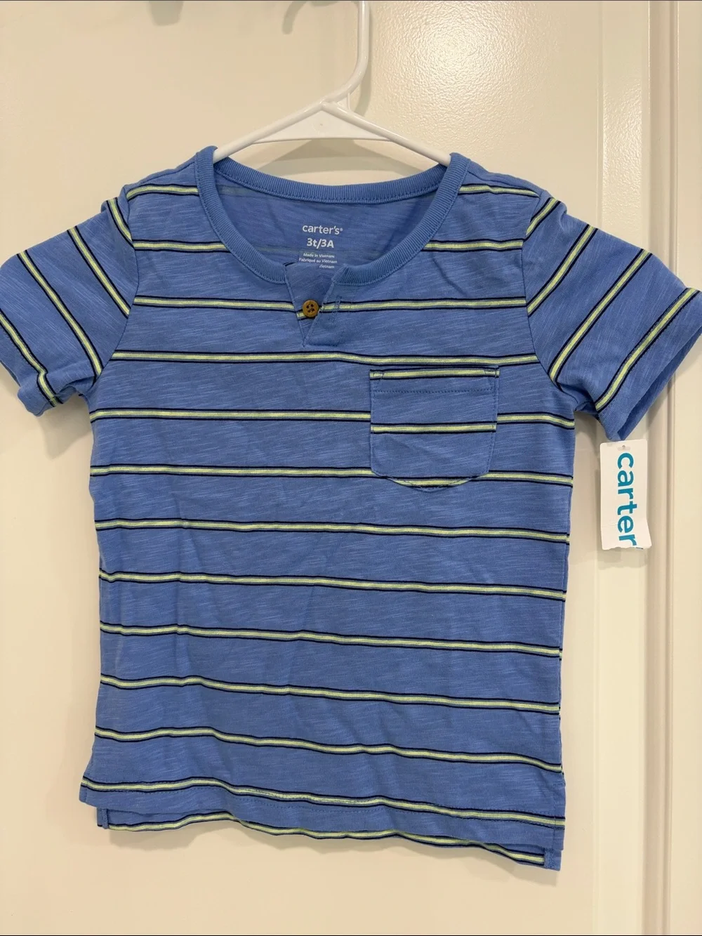 NEW NWT Carter's 3T Blue Tee with Green & Navy Stripes and Pocket